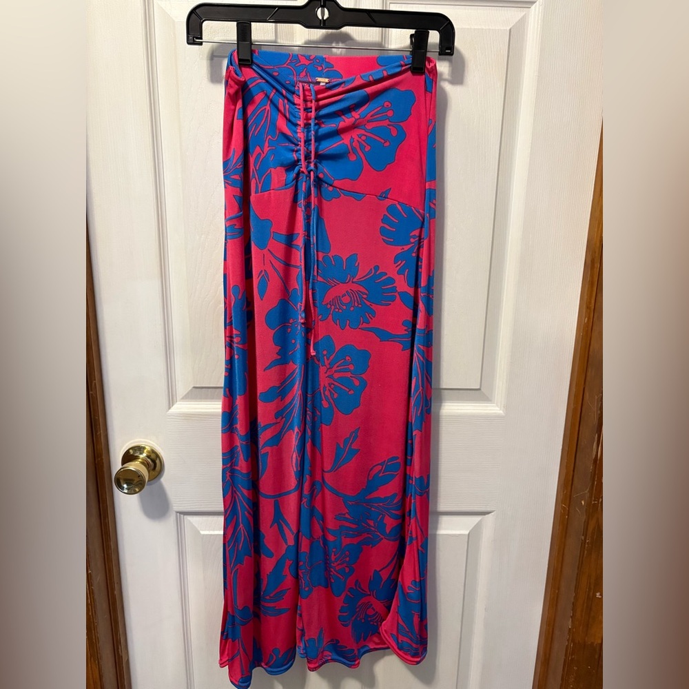 Free People Halter Midi Dress Tropical Hawaiian Sundress Blue Pink Summer Beach
